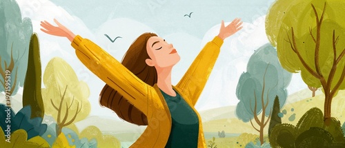 Woman stretching her arms in a sunny park with wide open space