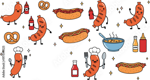 Cute cartoon sausage and hotdog characters with pretzels and sauces, funny street food vector illustration set isolated on white background