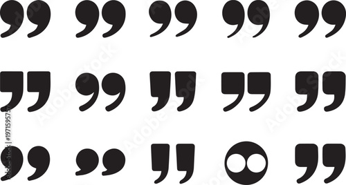 Collection of diverse quotation marks and double quote symbols in black and white graphic vector style on white background