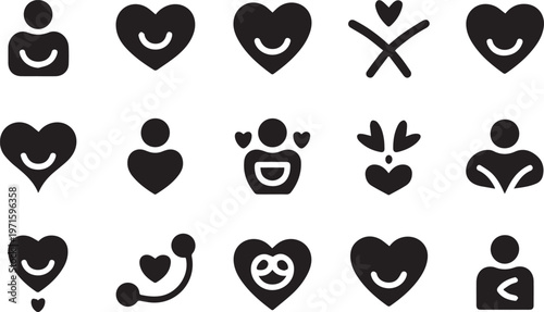 Love and care icon collection with heart shapes smiling faces person silhouettes and positive emotion symbols for charity and kindness