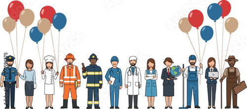 Diverse Group of Professionals with Balloons Representing Police, Chef, Engineer, Firefighter, Doctor, Teacher, and More in Flat Cartoon Style