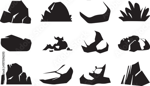 Natural stone and mountain boulder collection silhouette vector set for game landscape design rocky terrain element set on white background