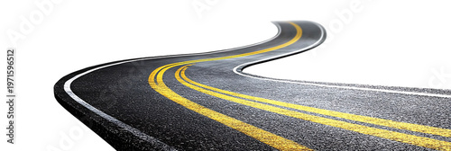 Winding asphalt road highway with yellow double lines on isolated transparent background. png