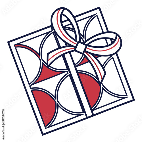 Abstract gift box with ribbon bow and geometric decorative pattern