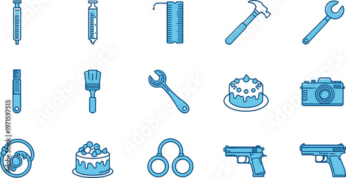 Blue icon set with syringe pencil beaker hammer wrench knife spatula cake camera steering wheel handcuffs pistols symbols