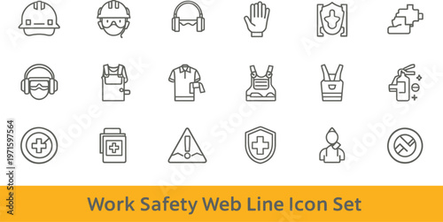Work safety line icon set with helmet gloves boots goggles vest shield first aid kit and protective equipment symbols