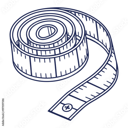 Coiled fabric measuring tape with metric and imperial markings line drawing