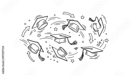 Graduation hat toss doodle set with motion lines hand drawn education celebration vector
