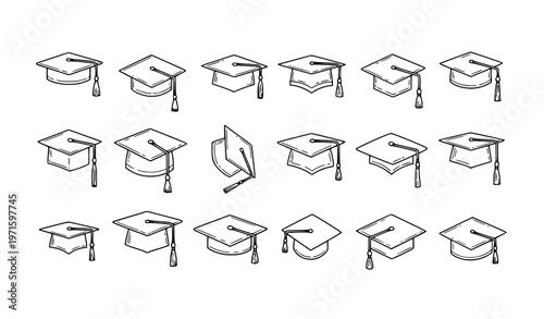 Graduation hat doodle icon set hand drawn mortarboard caps outline education vector collection