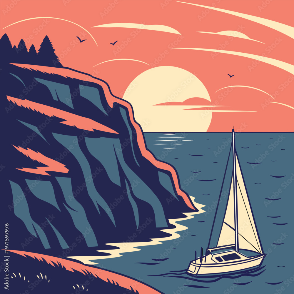 Naklejka premium Sailboat on ocean near coastal cliffs at sunset with birds flying