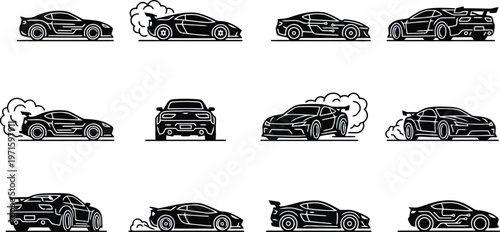 Collection of pixel art sports car illustrations depicting racing vehicles from multiple angles and motion