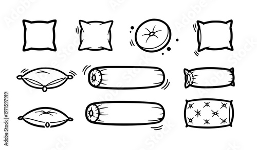Sticker style pillow doodle icons bold outline cushion set cozy home decor vector