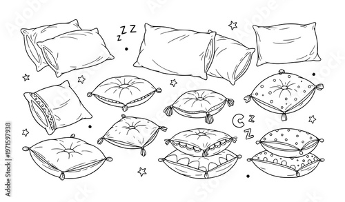 Cozy pillow doodle set hand drawn cushions for bedroom and sofa decoration vector illustration