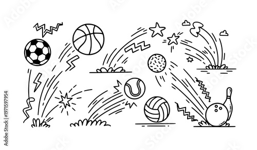 Playful doodle sports balls with abstract motion lines and bounce effects vector illustration set