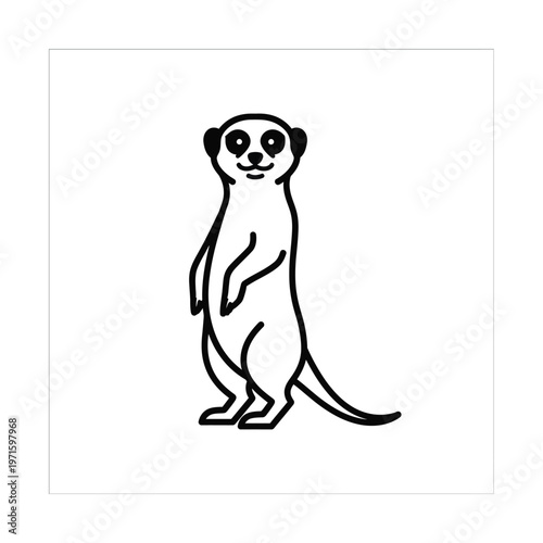 Simple black and white line art illustration of a meerkat standing upright on a white background, looking forward with a friendly expression.