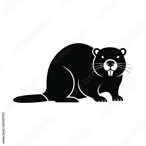 A simple black and white graphic illustration of a beaver with prominent teeth and a friendly expression, depicted in a side profile.