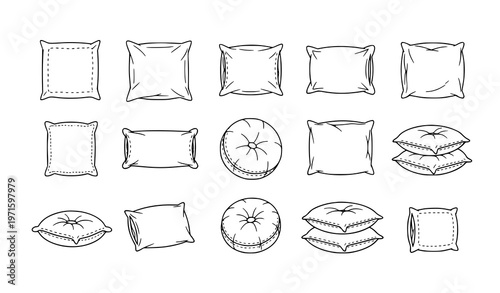 Pillow doodle icon set hand drawn soft cushions outline bedroom decor vector collection