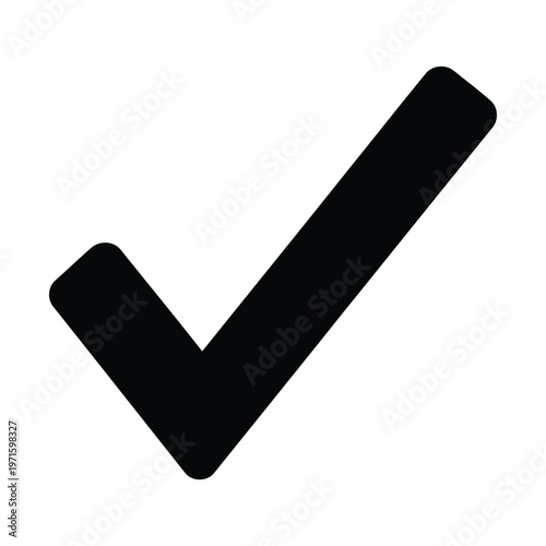 Black check mark icon on white background, bold tick symbol for success and approval, minimalist validation sign vector, simple correct choice mark for interface design