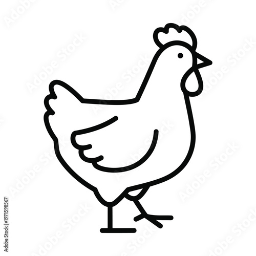 Simple black outline drawing of a domestic chicken, a hen, standing and facing right, with a comb and wattle, on a white background.