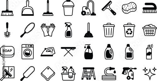 Comprehensive set of cleaning tools and household supplies icons for domestic and commercial cleaning services