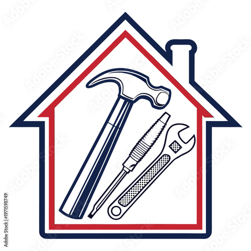 Home repair tools inside a house outline with hammer, screwdriver, and wrench