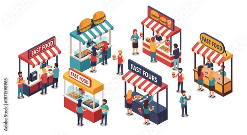 Isometric illustration depicting several busy fast food stands and customers