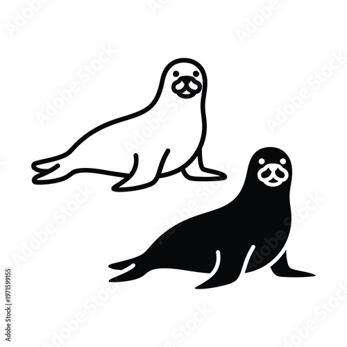 Two simple cartoon seals, one white outline and one black silhouette, lying on a white background, depicting marine animals.