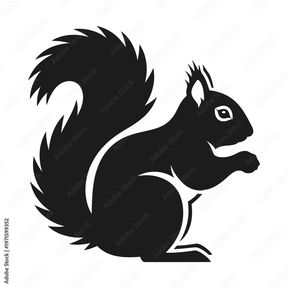Obraz premium Black silhouette of a squirrel standing on its hind legs, holding a nut, with a bushy tail, depicted in a simple graphic style.