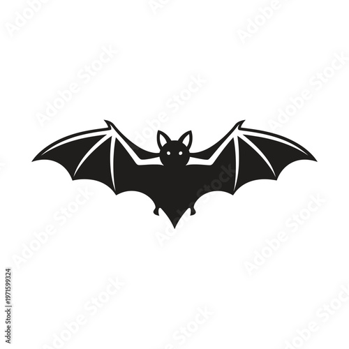 Black silhouette of a flying bat with outstretched wings, isolated on a white background, representing Halloween and nocturnal creatures.