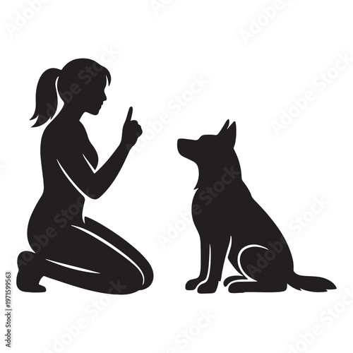 Dog training silhouette vector, woman teaching pet obedience commands, black canine trainer icon, professional animal behaviorist illustration