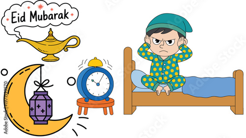 Eid Mubarak Celebration Illustration Set with Kid in Pajamas, Lantern, Clock, and Eid Symbols for Websites, Apps, and Digital Media Designs