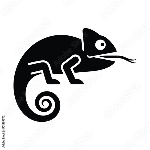 Black silhouette illustration of a chameleon with its tongue extended and tail curled, a simple graphic design.
