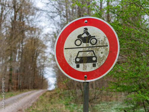Obraz na płótnie No Motor Vehicles Allowed, Motorcycle Crossing Sign in Nature