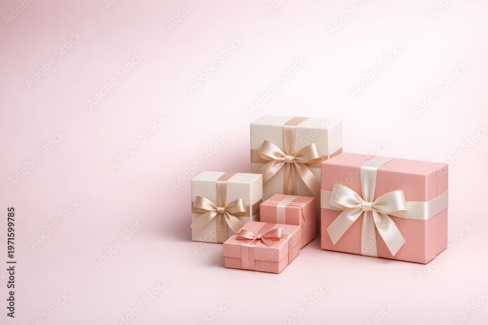 Fototapeta premium Elegant Pink and Cream Gift Boxes with Satin Ribbons Mockup