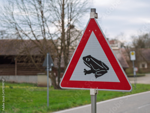 Caution Sign Featuring a Frog Near Roadway