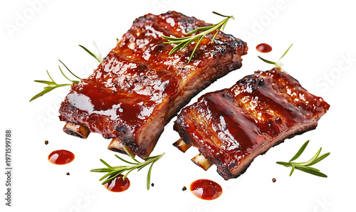 Tasty barbecue ribs with rosemary and sauce, isolated on transparent background. png