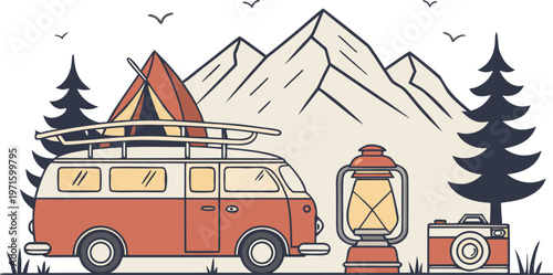 Adventurous Camping Illustration: An inviting illustration of a classic camper van, a cozy tent, and essential camping gear set against a backdrop of majestic mountains and towering pine trees.