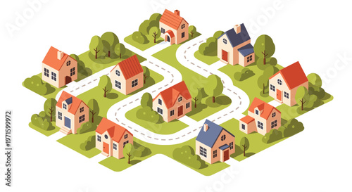 Isometric illustration of colorful houses along winding neighborhood streets