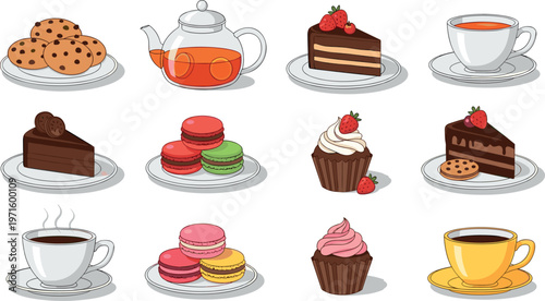 Dessert and tea time vector set with cakes, cookies, cupcakes and macarons, colorful sweet food illustration collection isolated on white background