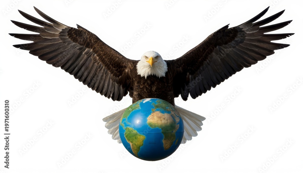 Fototapeta premium An eagle spreads its wings wide, holding a globe with Earth depicted. The eagle’s wings and the globe are central to the scene, symbolizing nature and the world.