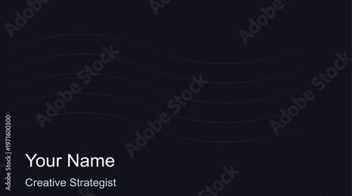 Minimalist dark business card template, professional creative strategist layout, elegant black background with subtle wave lines, modern corporate identity