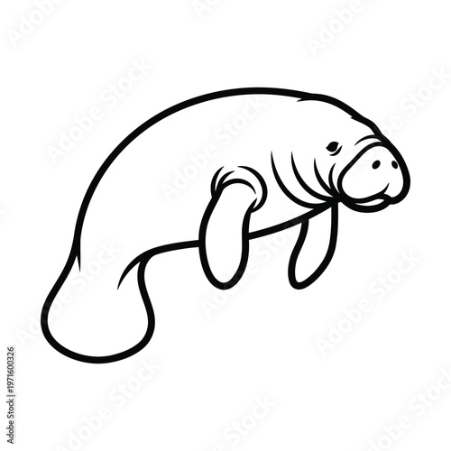 Simple black and white line art illustration of a manatee swimming, depicted from a side view, isolated on a white background.