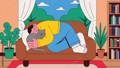 A person embraces a gray cat while relaxing on a brown couch