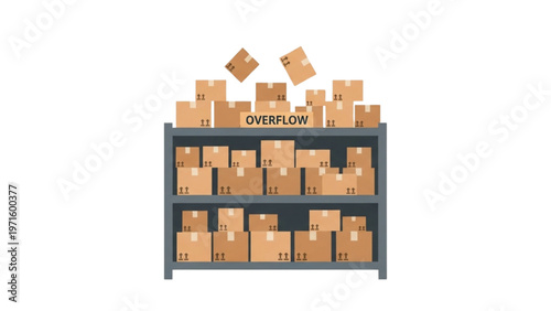 Excess Inventory Waste Icon for Lean Six Sigma, Overflowing Warehouse Shelving Unit with Boxes, Muda Reduction and Logistics Optimization Vector Art