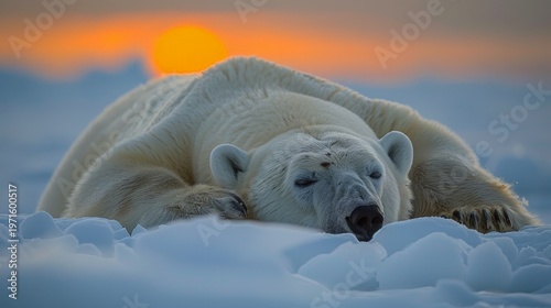 A polar bear is sleeping on the snow. The sun is setting in the background. The bear is in a peaceful and calm state