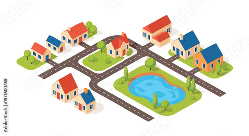 Isometric illustration of a colorful suburban neighborhood with houses and a pond