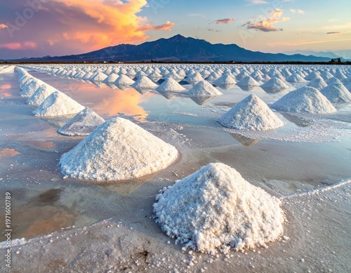 Stunning Natural Salt Flats with Mountains and Colorful Sky at Sunset