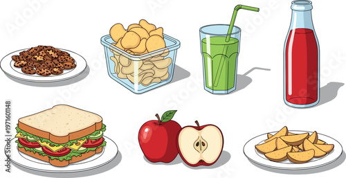 Fast food and snack vector set with sandwich, chips, cookies, juice and apple, colorful meal illustration isolated on white background