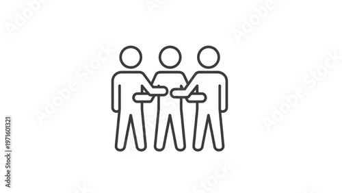 Lean Six Sigma Team Collaboration Icon, Minimalist Stick Figures Linked Arms for Teamwork, Unity and Business Project Management Vector Line Art