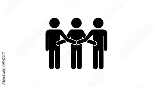 Lean Six Sigma Team Collaboration Icon, Minimalist Stick Figures Linked Arms for Teamwork, Unity and Business Project Management Vector Line Art